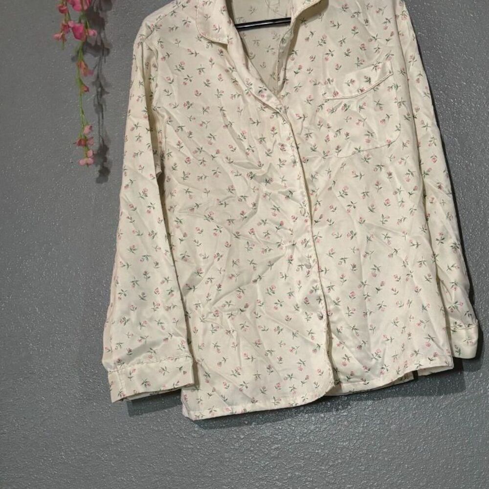 Kim Rogers Intimates Floral Satin Pajama Set M Cream Pink Rose Button Up Vintage - Picture 6 of 6